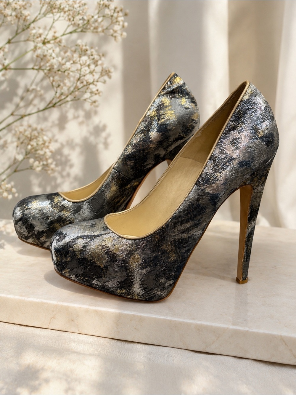Brian Atwood ‘Maniac’ Graffiti Metallic Jacquard Platform Heels Silver & Gold 7